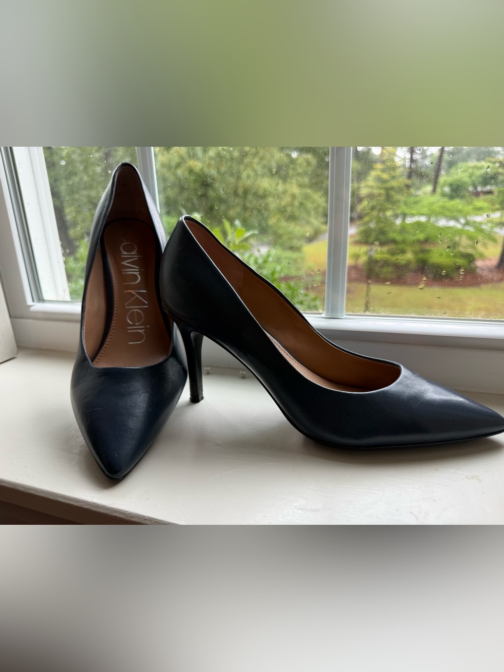 Calvin Klein Blue Leather Pointed Toe Stiletto Pumps with silver detailing